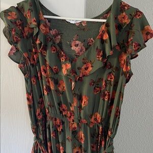 Time and True green floral print ruffle midi dress M